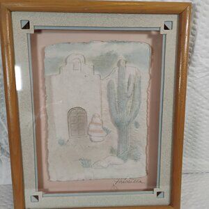 Southwestern style framed paper art mixed media vtg adobe building Fiji Graphics